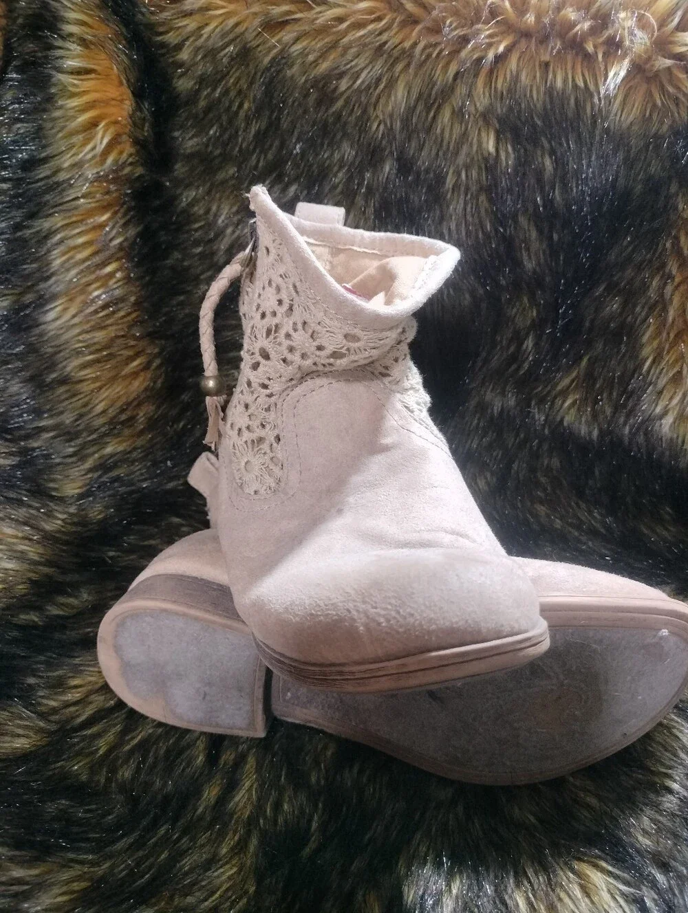 Roxy Taupe Suede Ankle Boots with Crochet Cuff